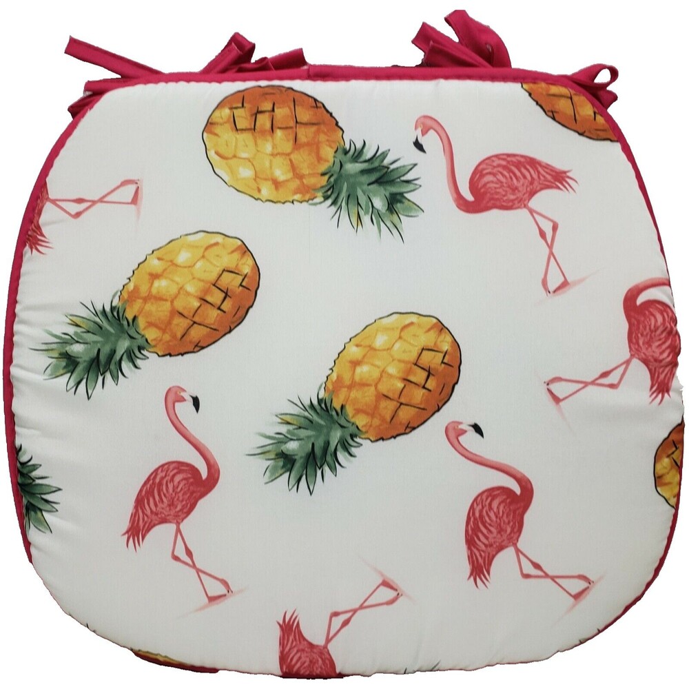 SET OF 2 CHAIR PADS CUSHIONS w/ pink strings, FLAMINGOS & PINEAPPLES,15"x15", BH